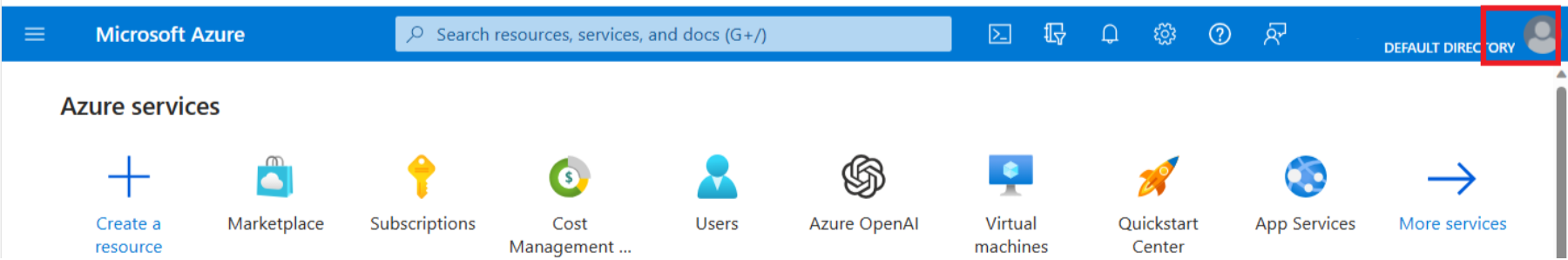 Screenshot of the top bar of the Azure screen, with the Account profile icon selected.