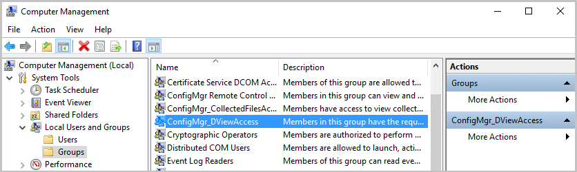 Configmgr_DviewAccess csoport egy elsődleges hely SQL Server