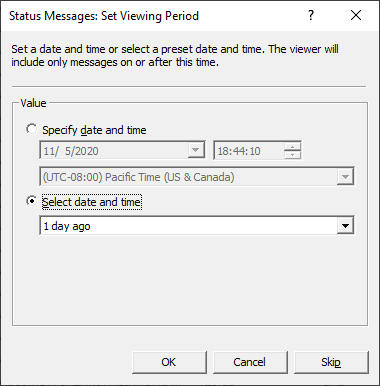 Képernyőkép az állapotüzenetekről: Megtekintési időszak beállítása ablak