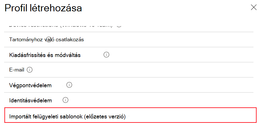 Képernyőkép az importált felügyeleti sablonok kiválasztásáról eszközkonfigurációs profil létrehozásához a Microsoft Intune és az Intune Felügyeleti központ importált ADMX-beállításaival.