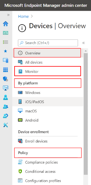 Képernyőkép arról, hogyan választhatja ki az Eszközök lehetőséget, hogy lássa, mit konfigurálhat és kezelhet a Microsoft Intune.