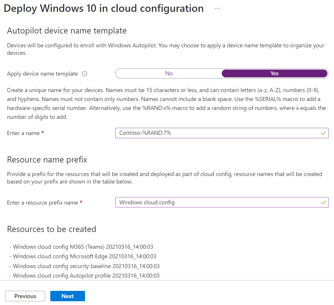 Képernyőkép az eszköznévsablon és az erőforrásnév-előtag konfigurálásáról egy Windows 10/11 felhőkonfiguráció irányított forgatókönyvében Microsoft Intune.