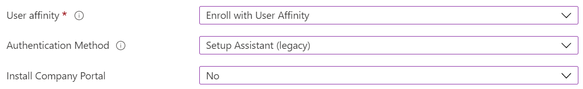 Az Intune felügyeleti központban és a Microsoft Intune-ban regisztrálja az iOS/iPadOS-eszközöket az automatikus eszközregisztráció (ADE) használatával. Válassza a regisztráció felhasználói affinitással lehetőséget, használja a Beállítási asszisztenst a hitelesítéshez, és ne telepítse a Vállalati portál alkalmazást.