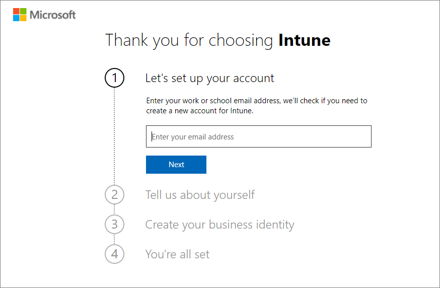 Képernyőkép a fiók beállításának Microsoft Intune oldaláról – E-mail megadása