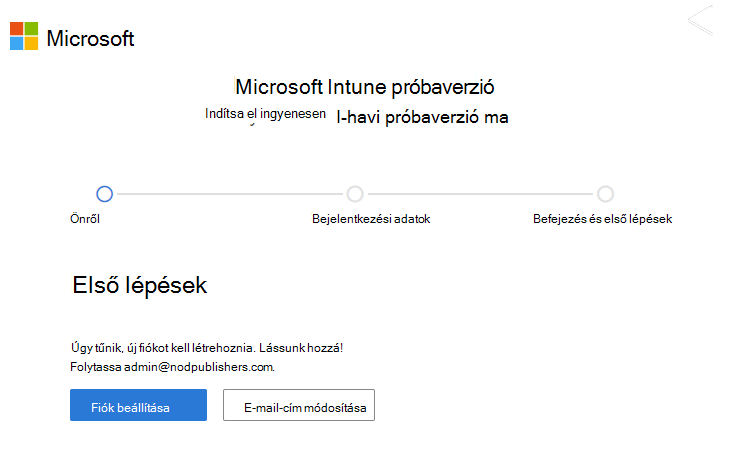 A Microsoft Intune fiókbeállítási lapjának képernyőképe – Fiók beállítása