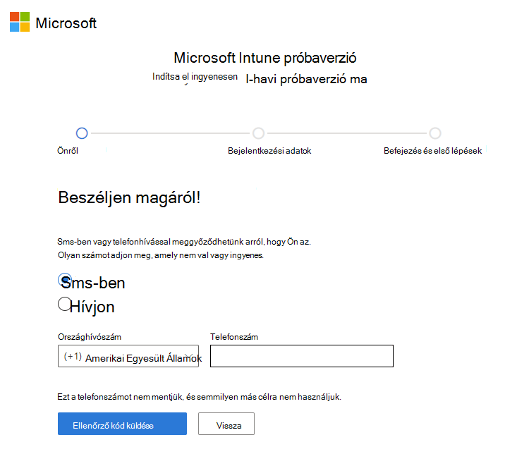 A Microsoft Intune fiókbeállítási lapjának képernyőképe – Ellenőrző kód küldése