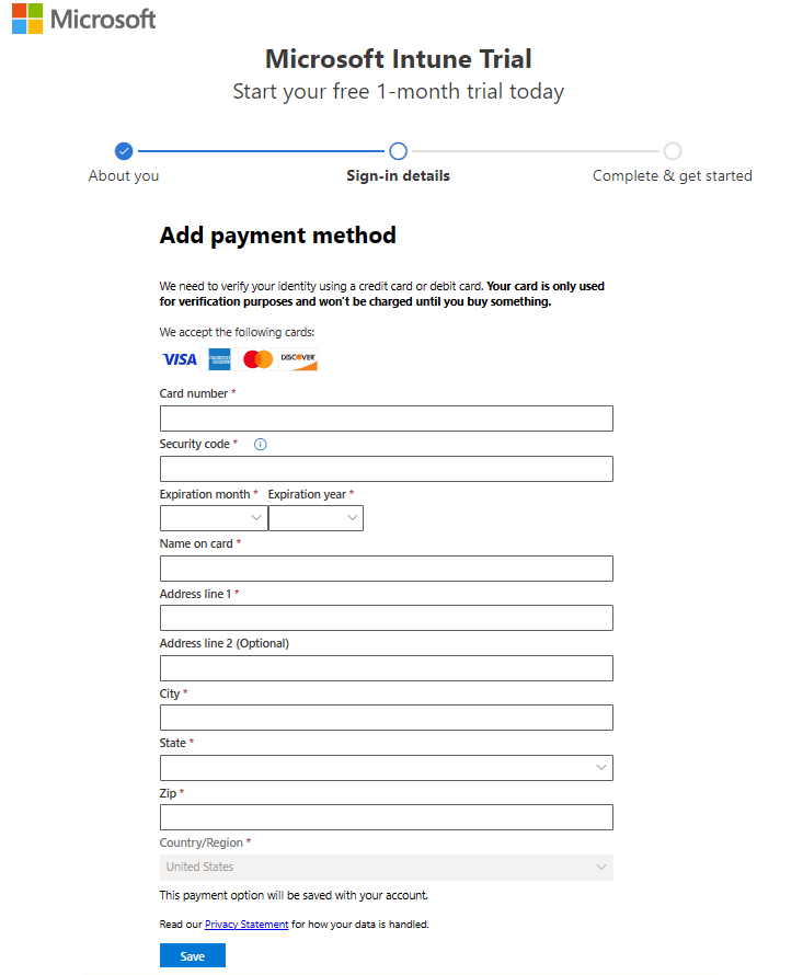 Képernyőkép a fiók beállításának Microsoft Intune oldaláról – Fizetési mód hozzáadása