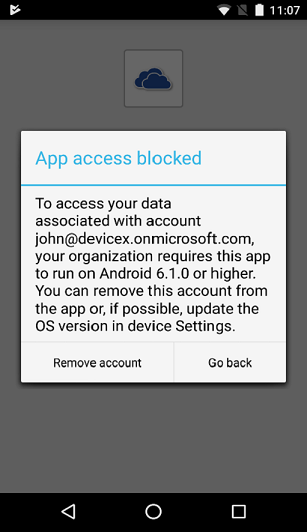 Az Alkalmazás hozzáférése letiltva párbeszédpanel képe