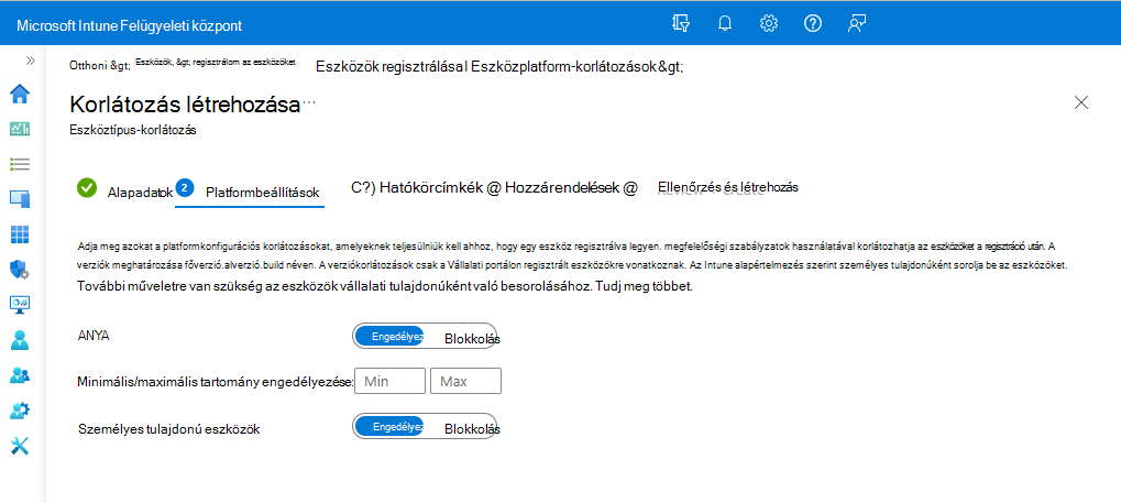 Platformkonfigurációs korlátozások oldal.