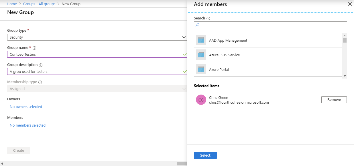 Képernyőkép egy csoport létrehozásáról a Microsoft Intune-ban