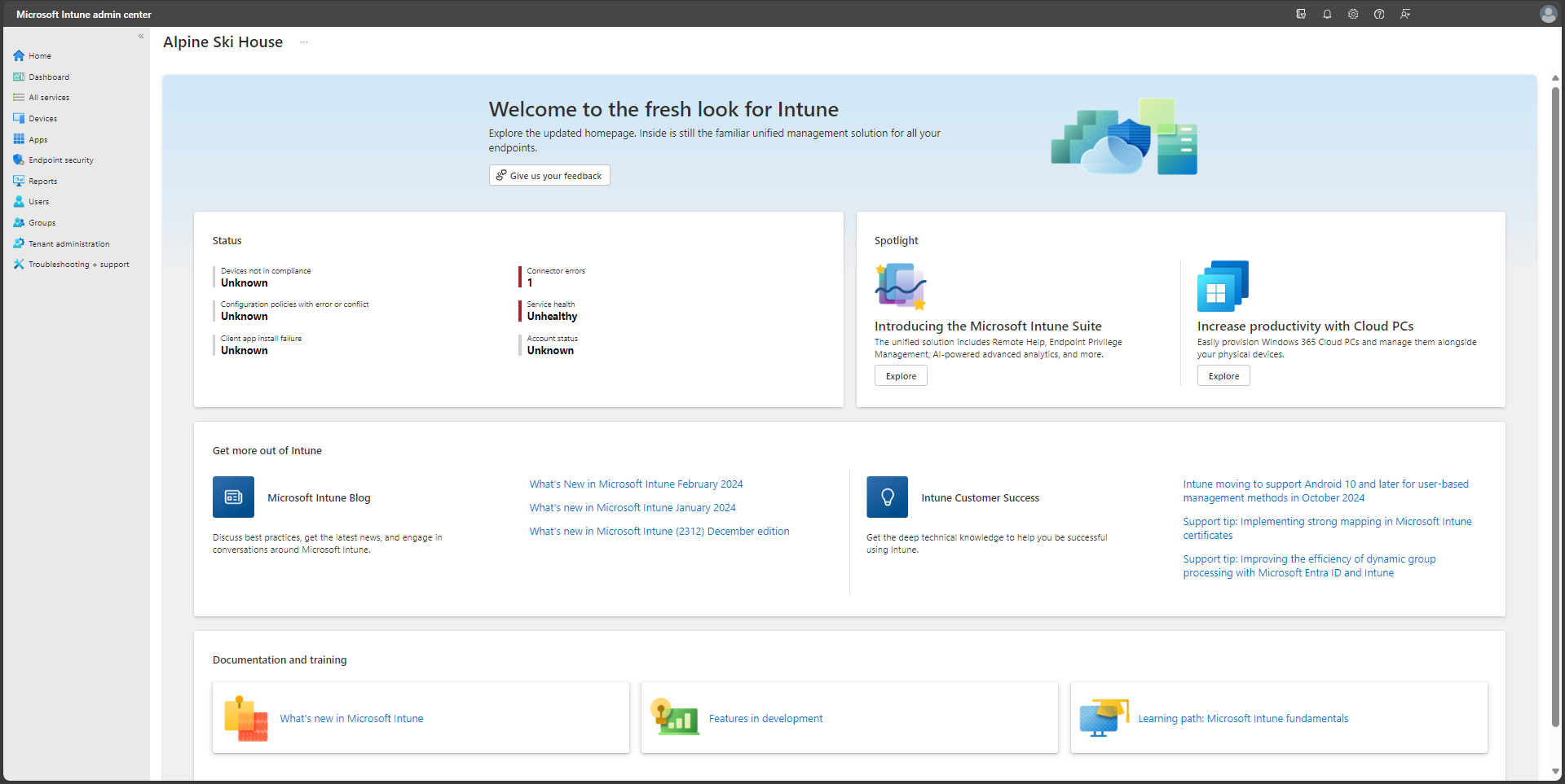 Képernyőkép a Microsoft Intune Felügyeleti központ kezdőlapjáról.