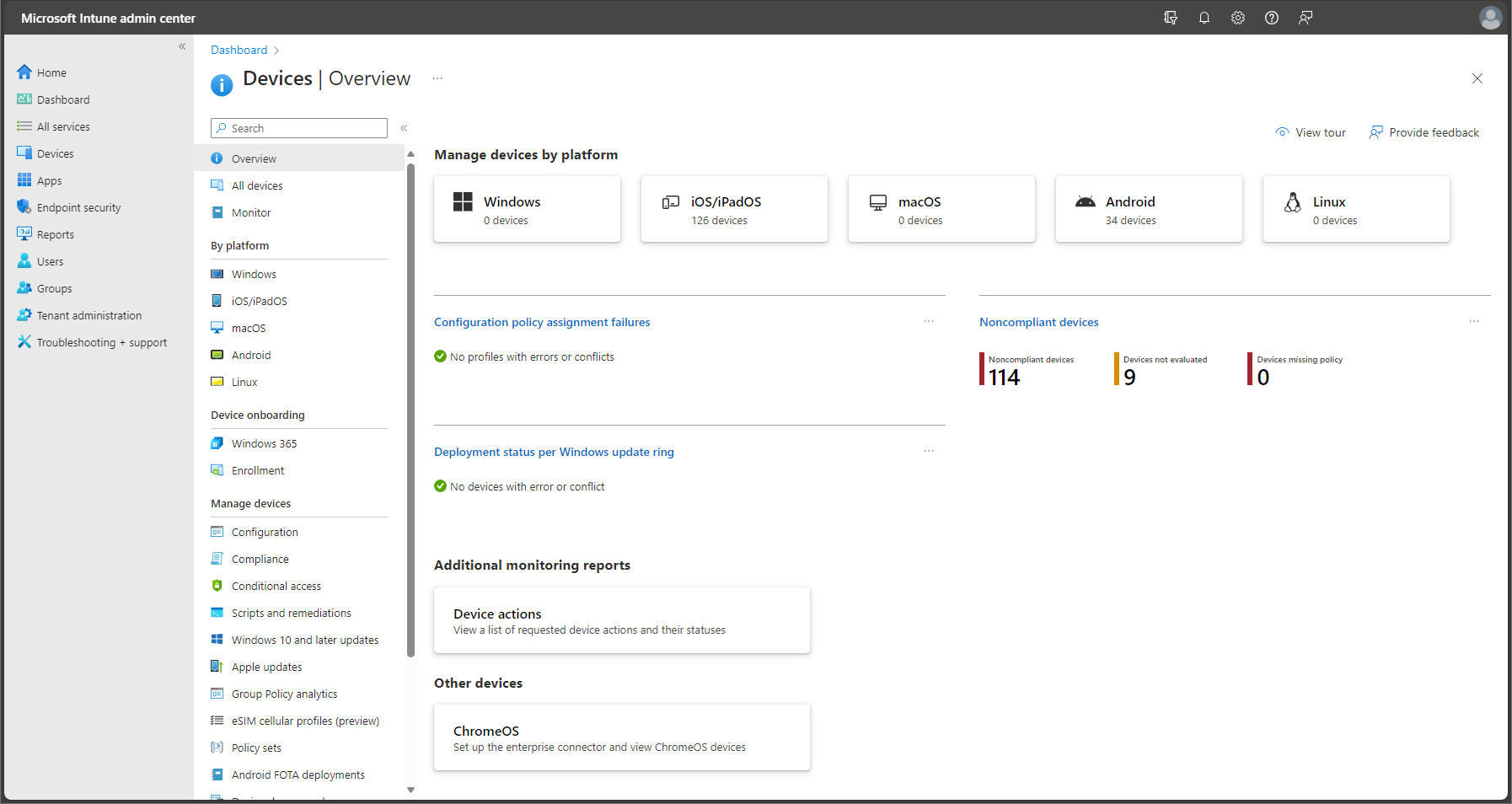 Képernyőkép a Microsoft Intune Felügyeleti központ – Eszközök eszközről.