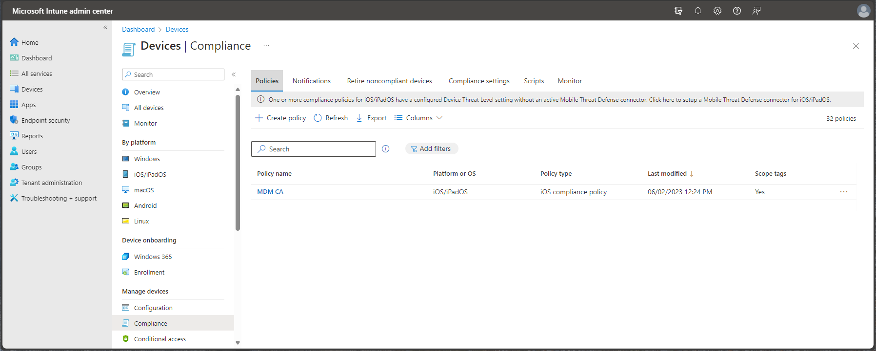 Képernyőkép a Microsoft Intune Felügyeleti központ megfelelőségi szabályzatairól.