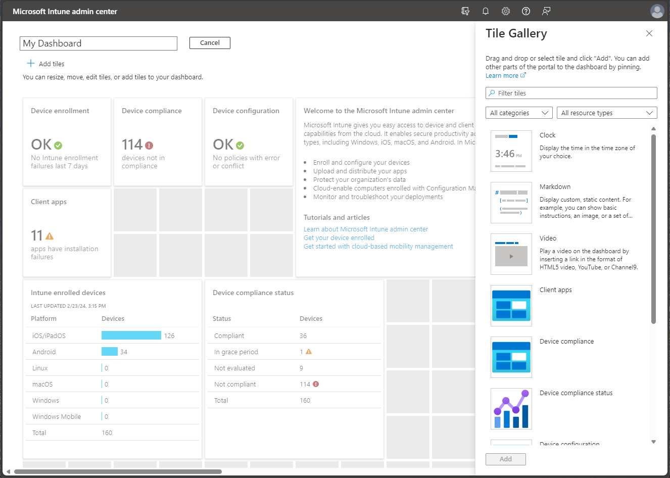 A Microsoft Intune Felügyeleti központ – Irányítópult frissítése képernyőképe.