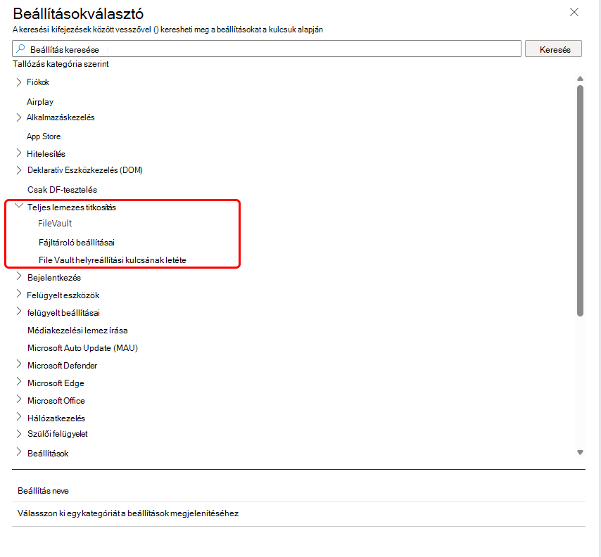 A Beállításokválasztó Teljes lemeztitkosítás kategóriájának FileVault beállításainak képe.