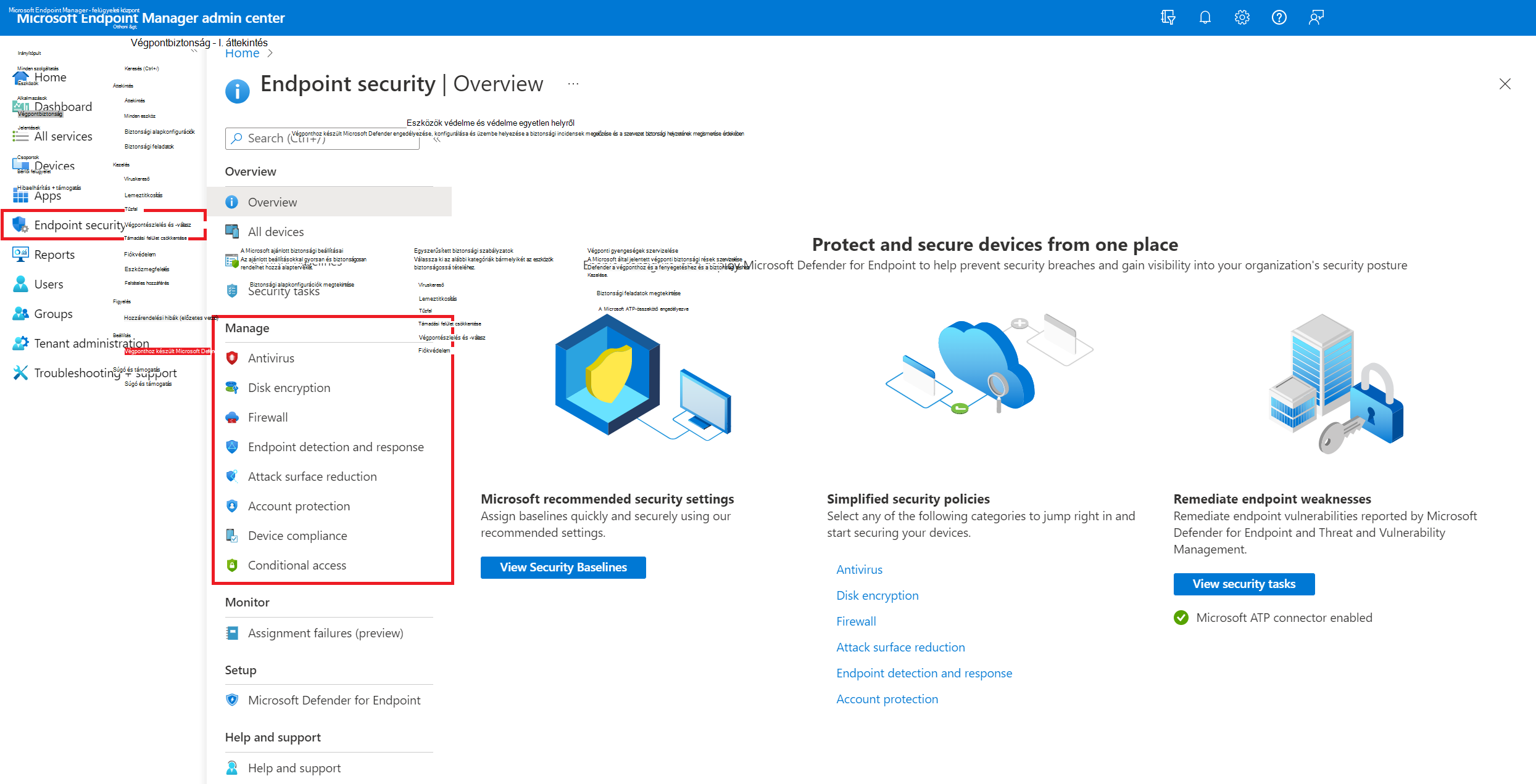 Végpontbiztonsági szabályzatok kezelése a Microsoft Intune Felügyeleti központban
