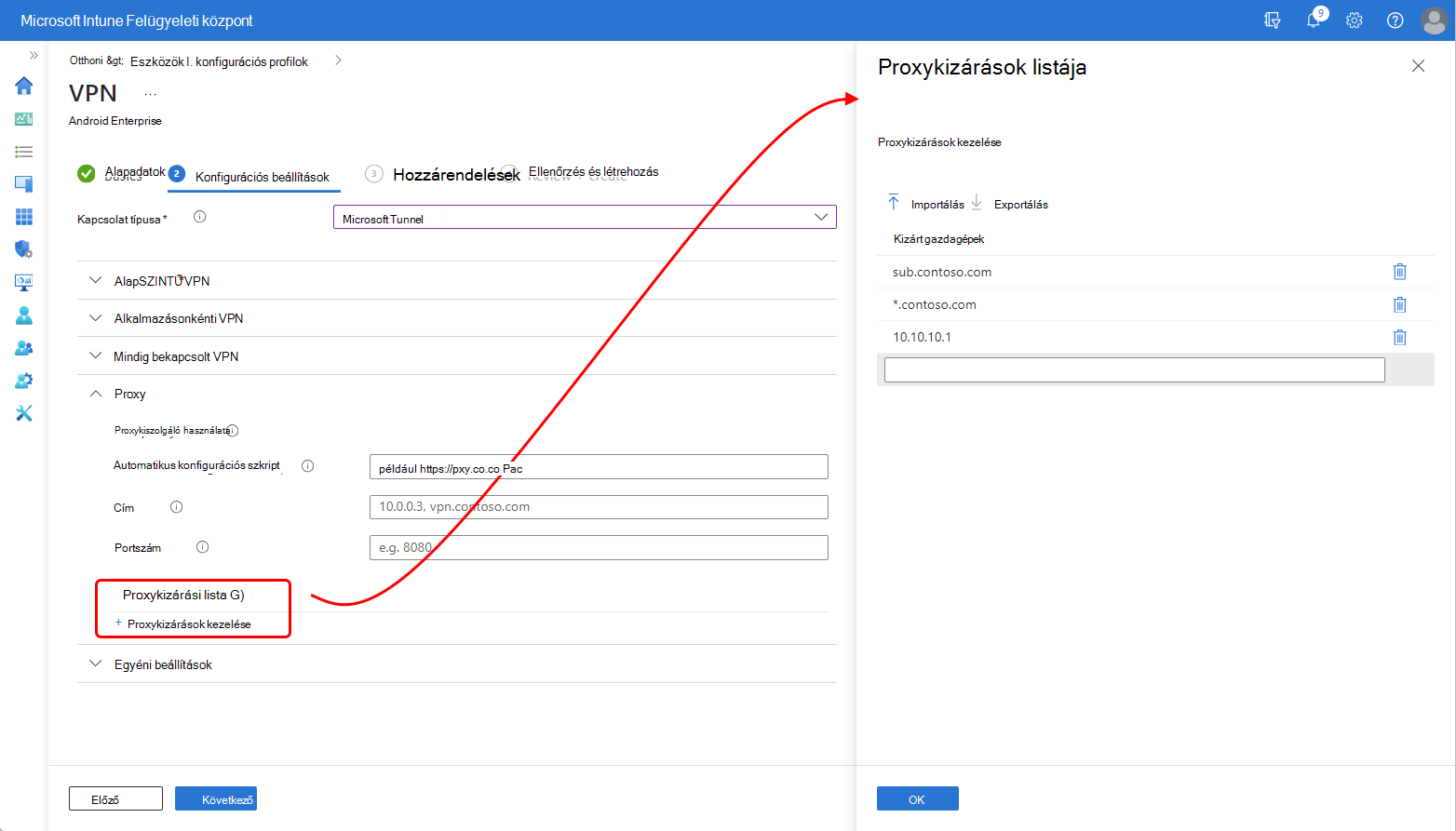 Képernyőkép a Intune Felügyeleti központ proxykizárási listájának paneljéről.