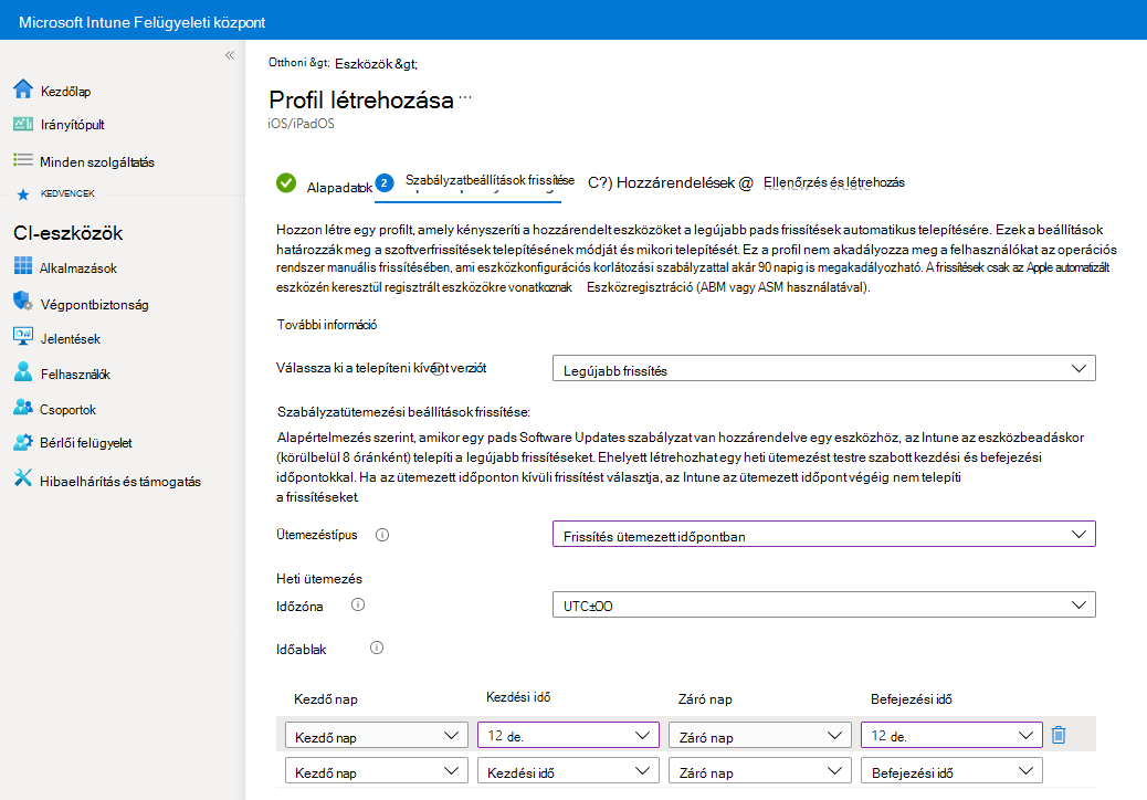 Képernyőkép a frissítés ütemezett időpontban történő telepítésének kiválasztásáról a Microsoft Intune frissítési szabályzatában.