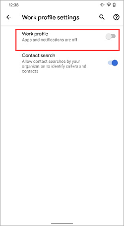 Képernyőkép a Munkahelyi profil kapcsoló kikapcsolt állapotáról a Google Pixel 4 eszközbeállításaiban.