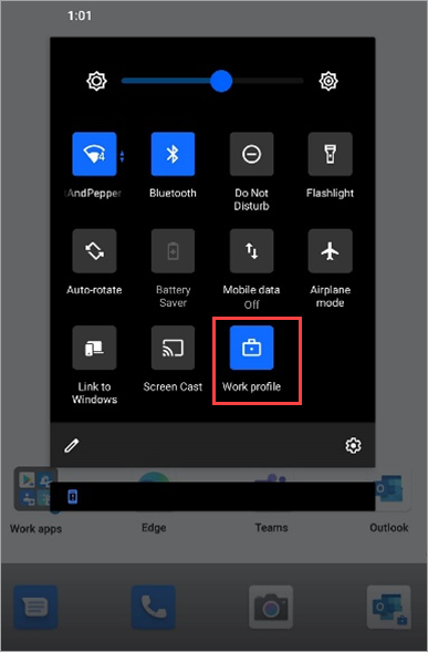Képernyőkép az aktivált munkahelyi profil ikonról a Surface Duo gyorsbeállításokban.