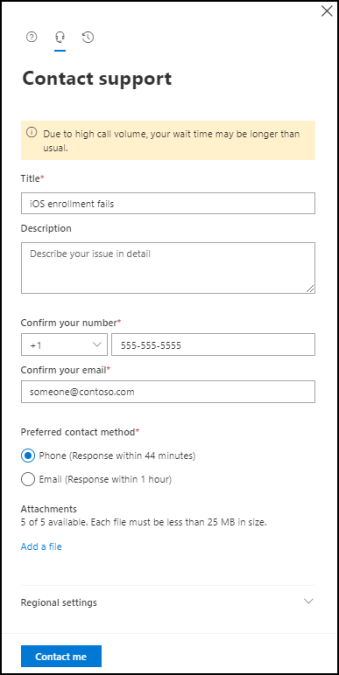 Képernyőkép a Endpoint Manager Felügyeleti központban és a Microsoft Intune található kapcsolatfelvételi támogatási űrlapról.
