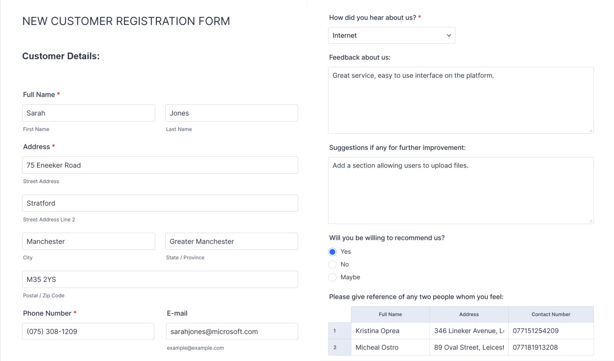 New customer registration form.