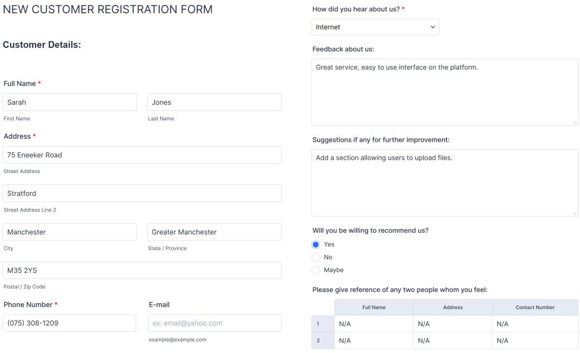 New customer registration form.