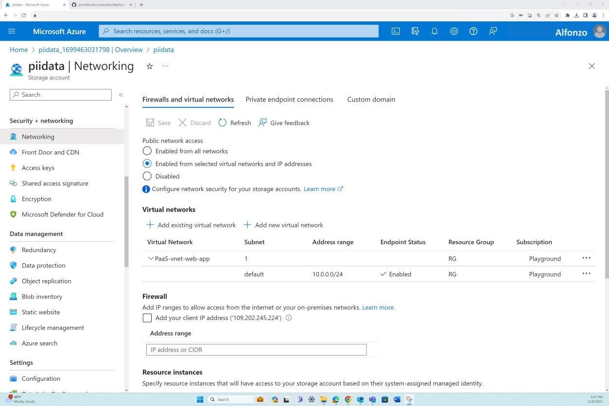 Azure networking management page.