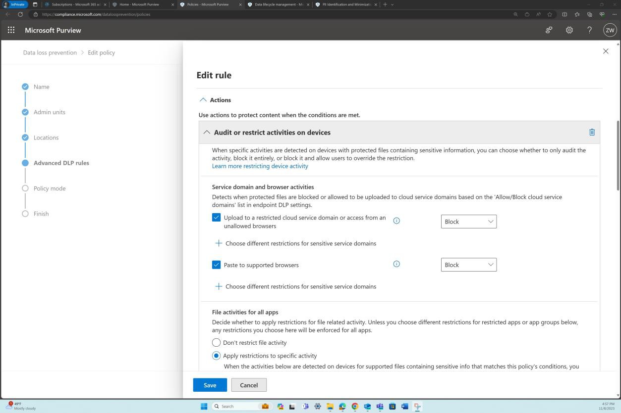Microsoft Purview policies settings.