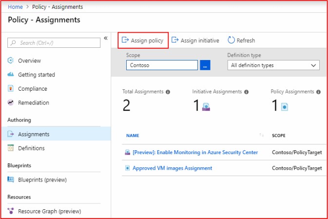 Azure policy assignments page.