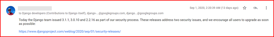 screenshot demonstrates that a mailing group is being used to be notified of security vulnerabilities.