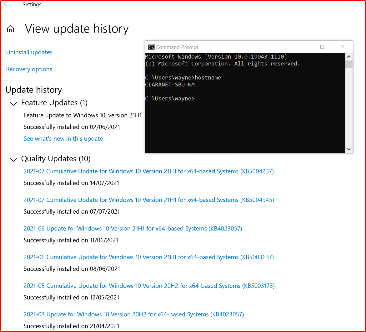 screenshot shows that the in scope system component "CLARANET-SBU-WM" is carrying out Windows updates in line with the patching policy.