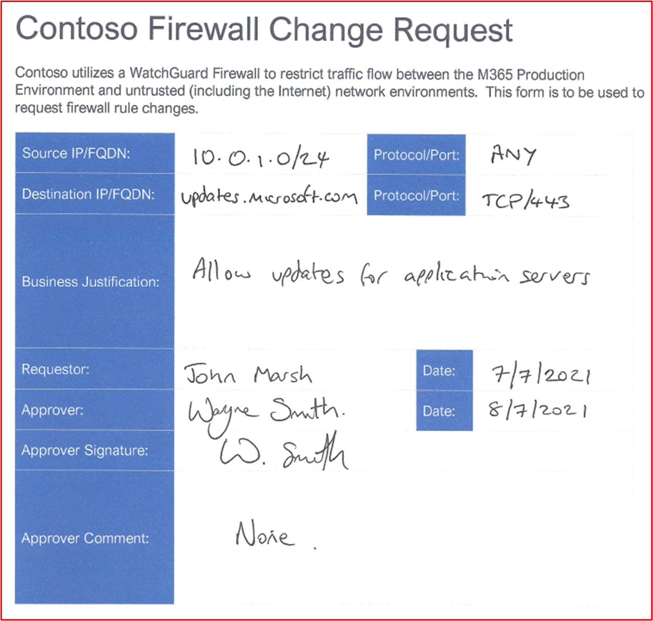 screenshot shows a firewall rule change being requested and authorized using a paper-based process