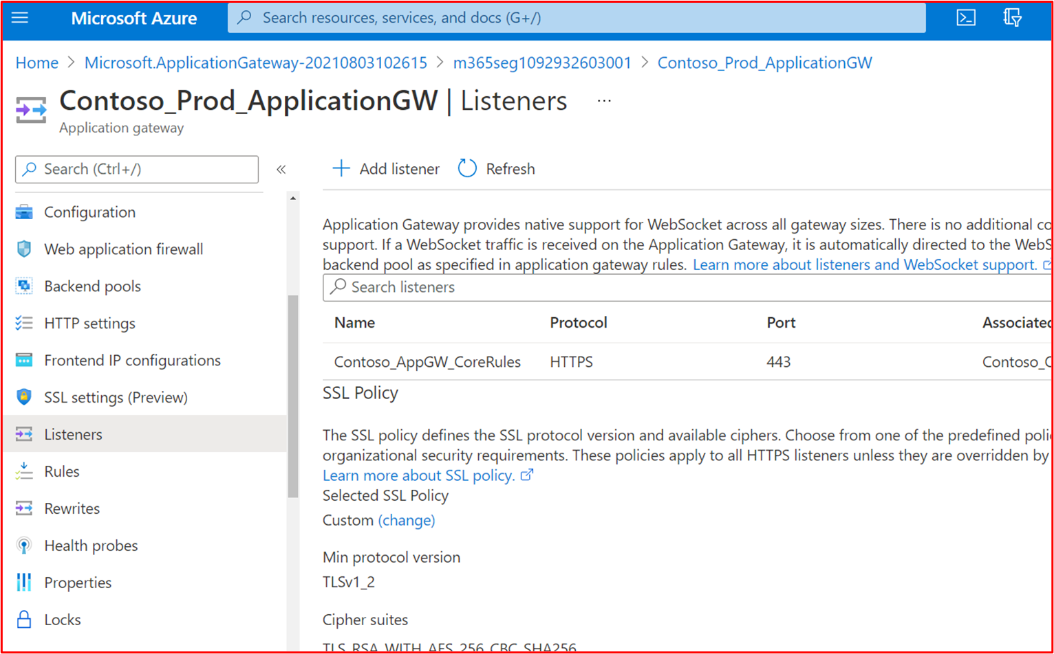 screenshot shows this configured for the Contoso Production Azure Application Gateway.