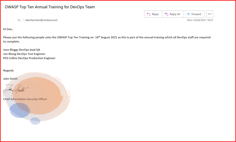 email requesting staff in the DevOps team be enrolled into OWASP Top Ten Training Annual Training