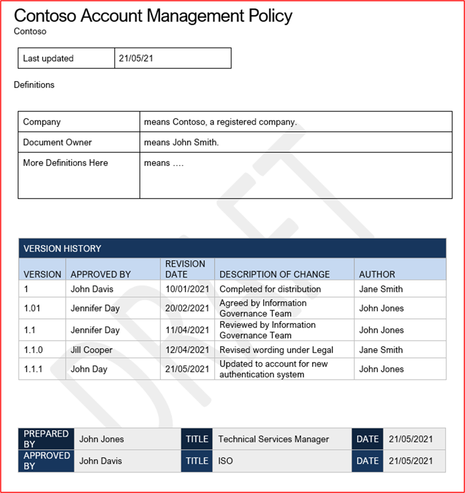screenshot shows an example Account Management Policy for Contoso.