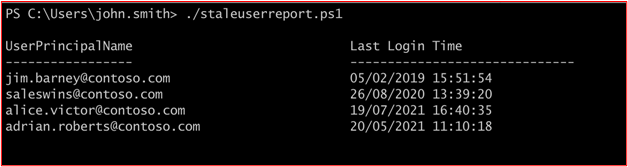 screenshot shows the output of the script which is executed quarterly to view the last logon attribute for users within Microsoft Entra ID.