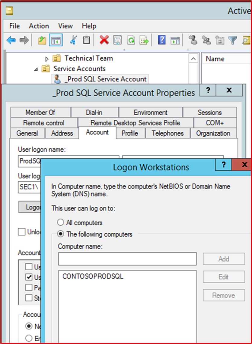 screenshot shows that the service account "_Prod SQL Service Account" is locked down to the SQL Server and can only log onto that server.