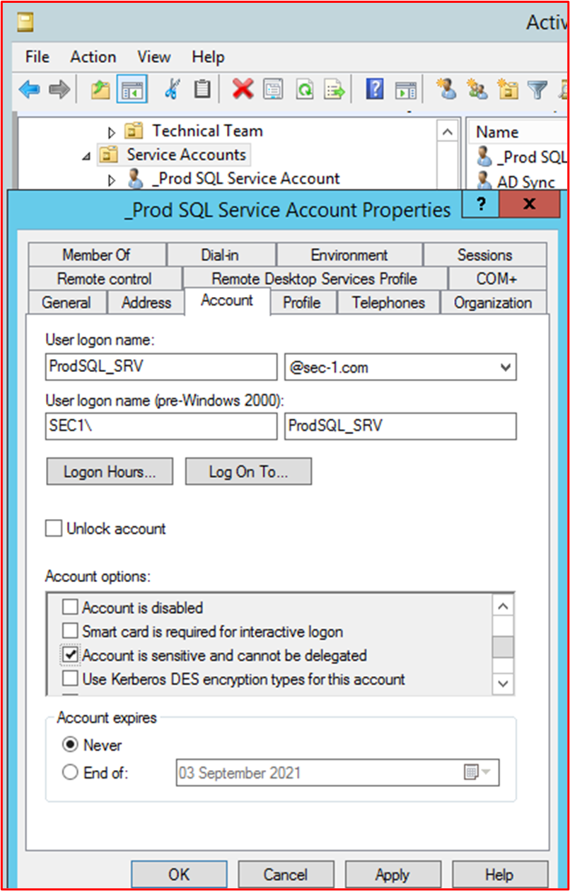  screenshot shows the 'Account is sensitive and connect be delegated' option is selected on the service account "_Prod SQL Service Account".