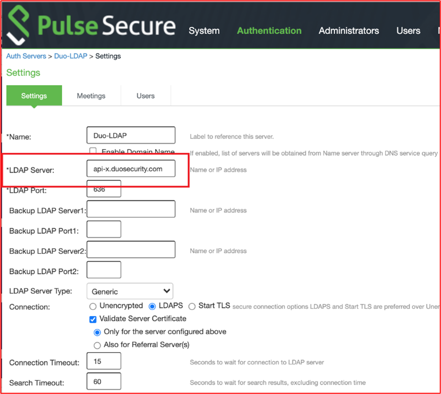 screenshot shows the configuration for the Duo-LDAP authentication server which demonstrates that this is pointing to the Duo SaaS service for MFA.