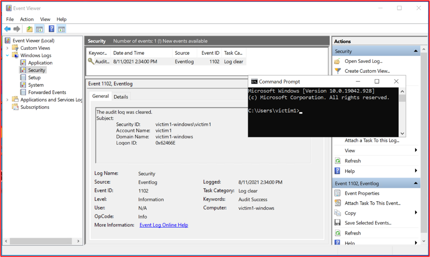 screenshot shows an event where a user has cleared an event log from one of the sampled devices called "VICTIM1-WINDOWS".