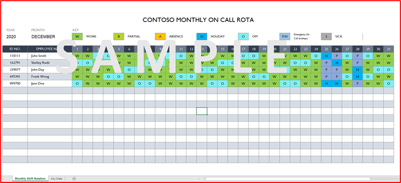 screenshot shows an on-call rota for December 2020 for Contoso.