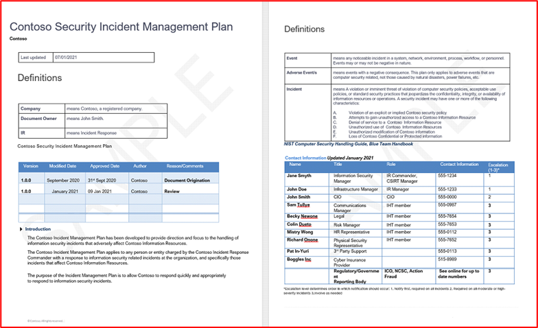 screenshot shows the start of Contoso's incident response plan.