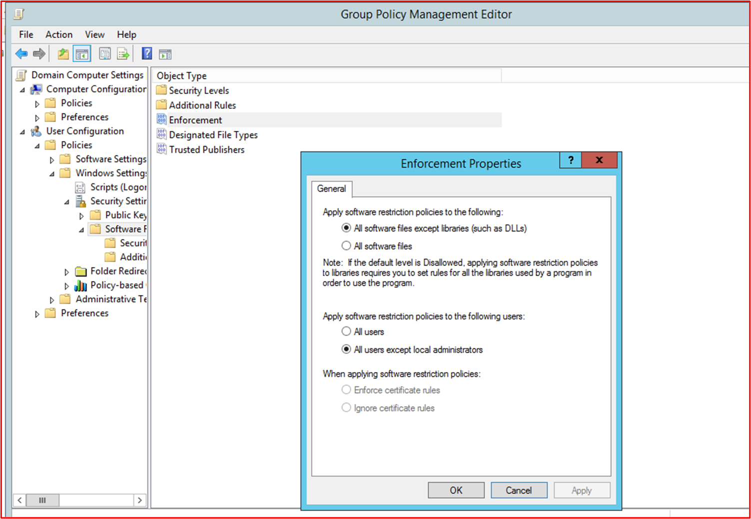 screenshot shows a Group Policy object with Software Restriction Policies enabled.