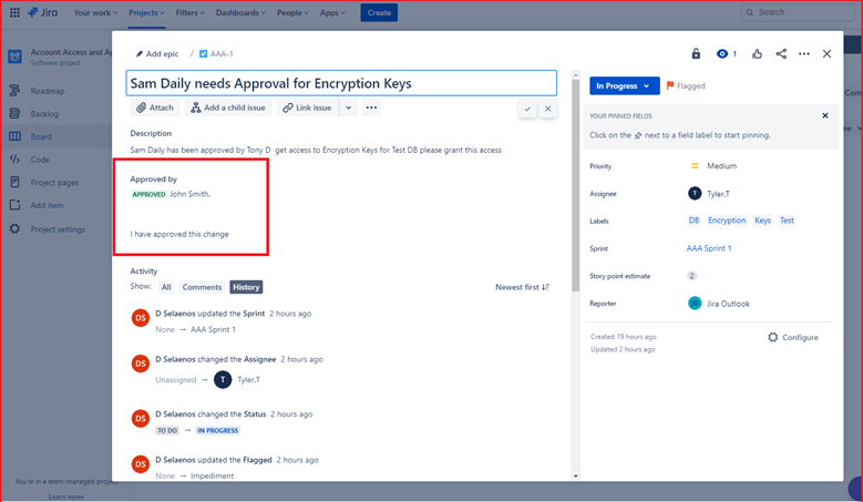 Screenshot demonstrating that a request has created in Jira to get Sam Daily approval for Encryption Keys on the systems backend environmen2