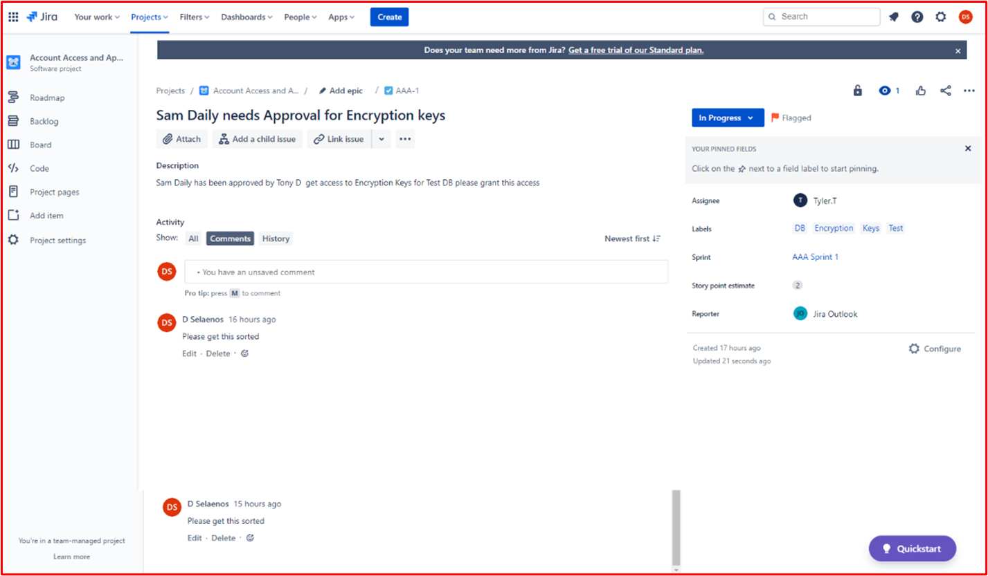 Screenshot demonstrating that a request has created in Jira to get Sam Daily approval for Encryption Keys on the systems backend environment1