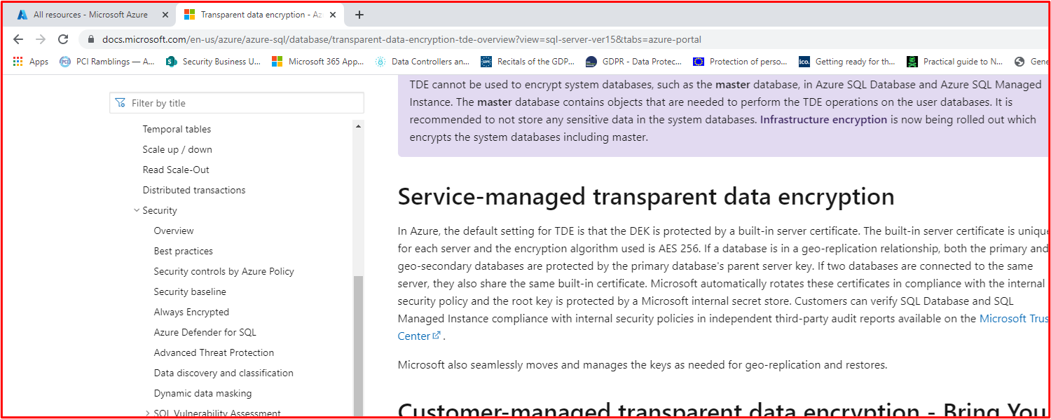 screenshot shows AES 256 encryption is used for Azure TDE