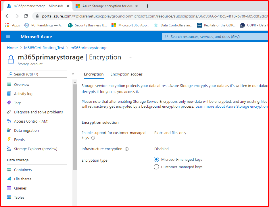 Screenshot shows Azure Storage configured with encryption for blobs and files