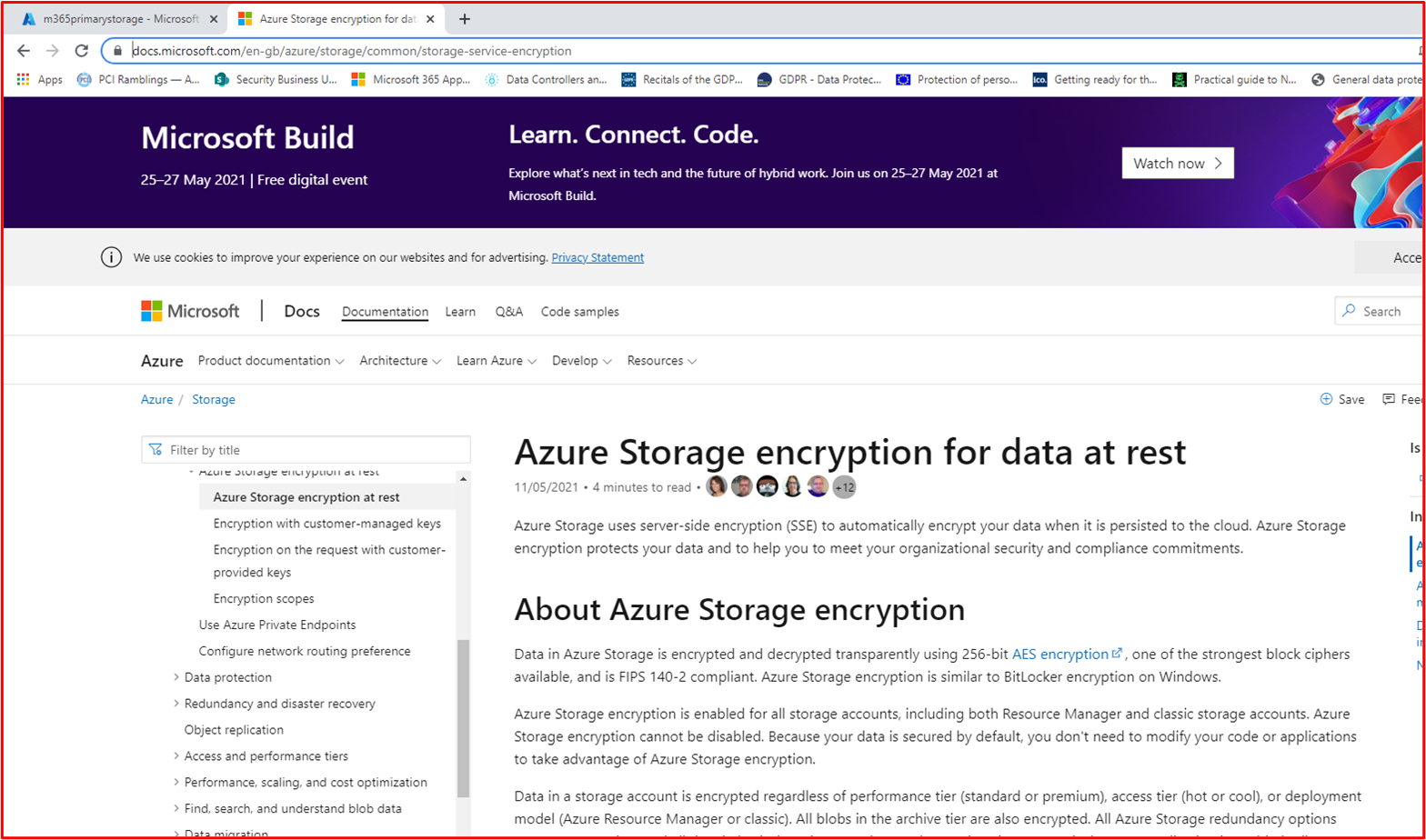 screenshot shows that Azure Storage uses AES-256 for encryption