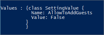 Képernyőkép a PowerShell-ablakról, amelyen látható, hogy a vendégcsoport-hozzáférés false (hamis) értékre van állítva.